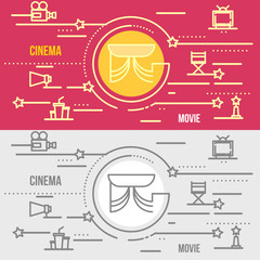 Flat thin line design web banner of cinema, theatre.
