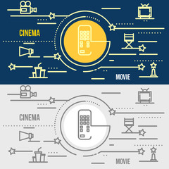 Flat thin line design web banner of cinema, theatre.