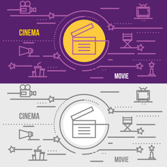 Flat thin line design web banner of cinema, theatre.