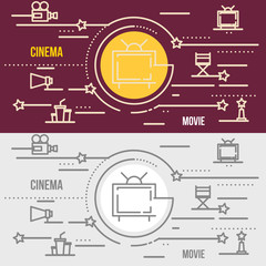 Flat thin line design web banner of cinema, theatre.