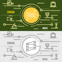 Flat thin line design web banner of cinema, theatre.