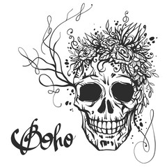 Human skull with flower wreath