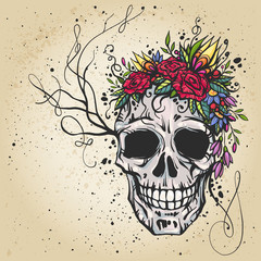 Human skull with flower wreath