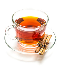 Transparent cup of tea and cinnamon steaks on white