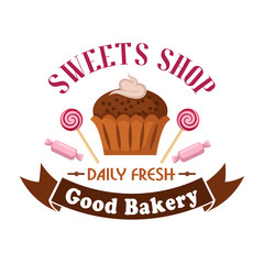 Sweet shop and bakery icon with cupcake, candies