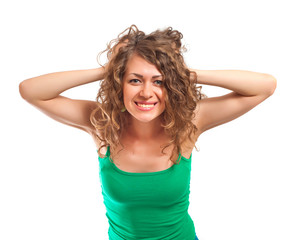 Fototapeta premium curly woman hold over head expression emotion