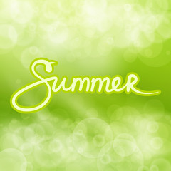Green Abstract Background with Text Summer, Soft Glow of the Sun ,Summer Concept, Hand Lettering Calligraphy , Vector Illustration