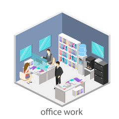 Flat 3d isometric abstract office floor interior departments concept vector.  Office life. Office workspace. 