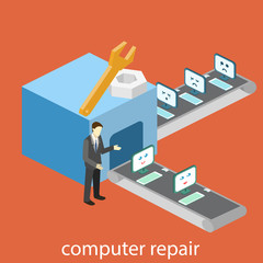 isometric  building of computer repair. broken computers come for repairs. Flat 3D illustration. 