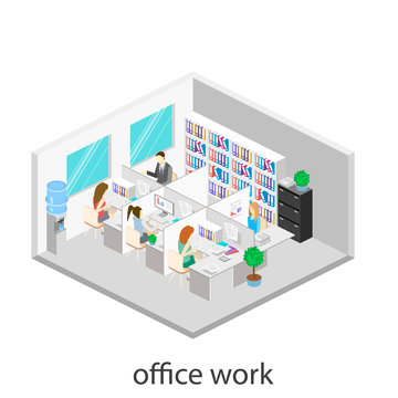 Flat 3d isometric abstract office floor interior departments concept vector. Office workspace.  