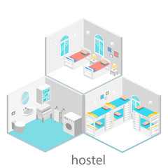 Obraz premium Isometric hotel room with bunk bed and window. Flat 3D illustartion. sleeping room with several beds