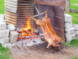 Roast lamb on the sword, near a open fire, Patagonia, Chile © jarcosa