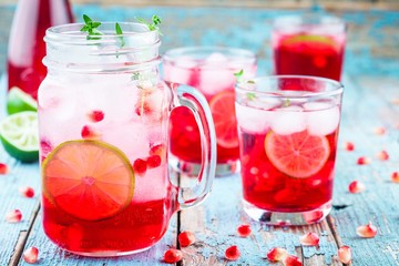 homemade lemonade with pomegranate, mint and lime