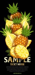 Pineapple fruit mix with leaves on black background vector illustration. Organic vegetarian product. Healthy food.