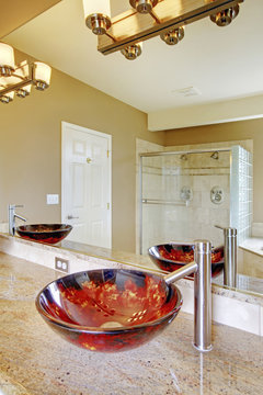 Nice Master Bathroom With Marble Counters In Luxury Home.