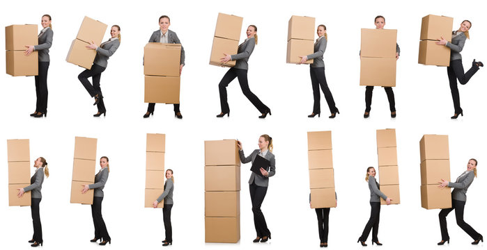 Composite image of woman with boxes on white