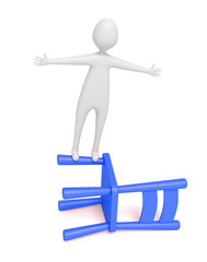 3d man balancing on a blue wooden chair, 3d illustration