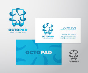 Abstract Vector Logo Business Card Template or Mock-up. Octopus Tentacles Holding a Tablet with Touchscreen. Modern Typography and Realistic Soft Shadows.