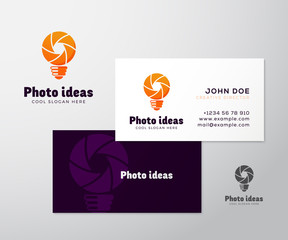 Abstract Vector Logo Business Card Template or Mock-up. Shutter and Light Bulb Concept Symbol. Diaphragm Icon. Photography Sign. Modern Typography. Realistic Soft Shadows.