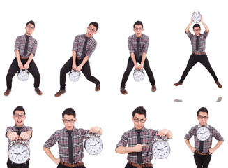 Fototapeta premium Young man with clock isolated on white