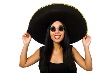 Young mexican woman wearing sombrero isolated on white