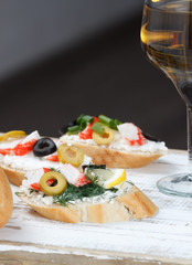 Tasty various italian sandwiches with seafood