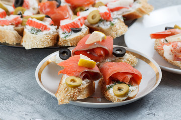 Tasty various italian sandwiches with seafood