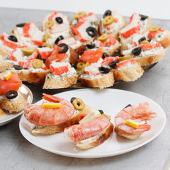 Tasty various italian sandwiches with seafood