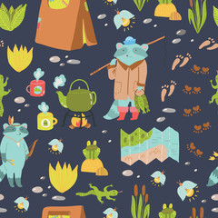 Summer adventure seamless vector pattern. Cute camping elements and adorable raccoons.