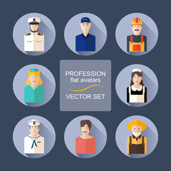 Profession flat avatars with shadows vector set. Various professions icon set