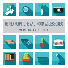 Retro furniture and room accessories with shadows vector icons set. Home furniture icons set