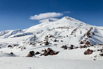 Fototapeta na wymiar Panorama of winter mountains in Caucasus region,view from Elbrus mountain, Russia