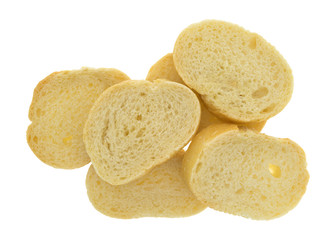 Small sliced French bread on a white background.