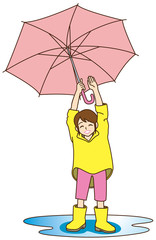 傘を振り上げて雨が降り止んだことを喜ぶ小学生の女の子(レインコート+水溜まり）