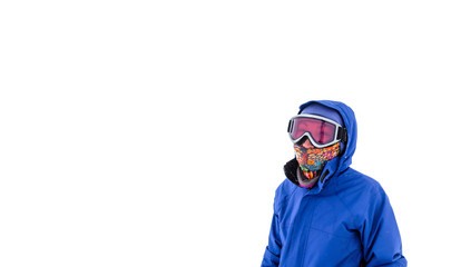 Portrait of a snowboarder isolated in sunglasses mask at snow storm