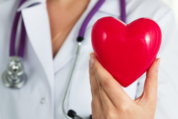 Female medicine doctor hold in hands red toy heart closeup