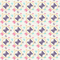 Seamless pattern with colorful butterflies on paper.