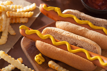 grilled hot dogs with mustard and french fries