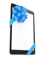 Black tablet with blue bow and empty screen. 3D rendering.