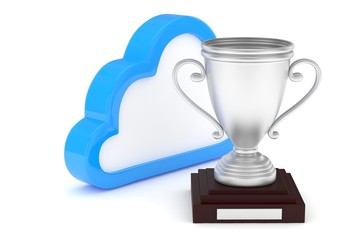 Isoalted silver cup with cloud on white background. Blue contour cloud. Concept of cloud storage competition. Leader cloud drive. Best storage contest. 3D rendering.