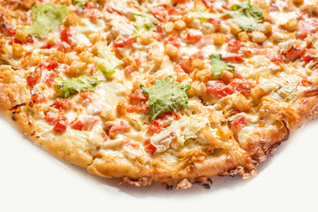 Isolated fresh pizza on white background. Italian cuisine. Hot, colorful and delicious pizza. Fast snack or healthy meal for dinner.
