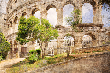 Ancient Roman amphitheater (arena) in Pula. Croatia. Picture in retro style.