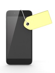 Smart phone with golden price tag on white background. Identification, price, label. Luxury and expensive offer. 3D rendering.