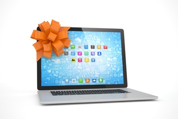 Tied laptop with red bow on white background. Modern present or gift for birthday, holiday, christmas. 3D rendering.