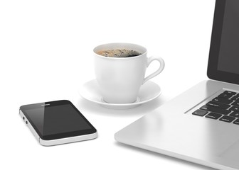 Fototapeta na wymiar Laptop smartphone and coffee cup on white. 3d rendering.