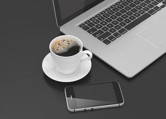 Laptop smartphone and coffee cup on black. 3d rendering.