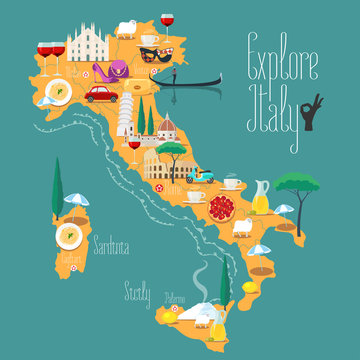 Map of Italy vector illustration, design. Icons with Italian landmarks © kora_ra_123