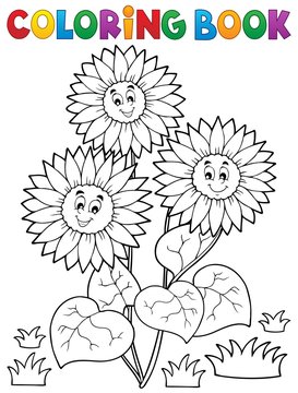 Coloring book with happy sunflowers