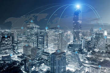 Cityscape and network connection with world map use for global n