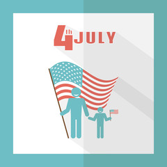 4th of July. Father with baby on a background of the American flag. Greeting card in a flat style. Holiday Independence Day July 4th. Simple, minimal design. Icon in a flat style. Vector illustration